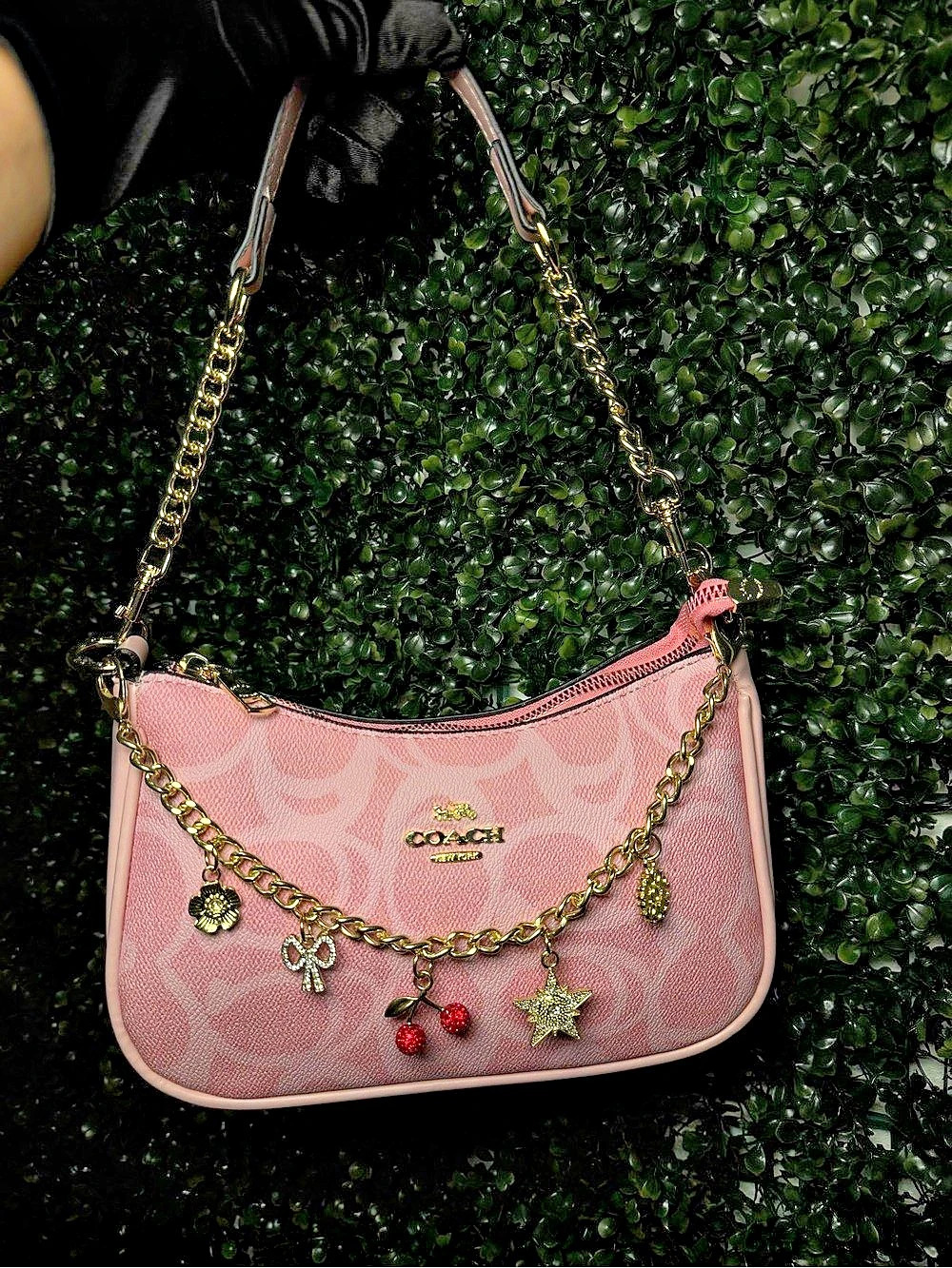Coach Emily Shoulder Bag In Signature Canvas With Charms Pink Shoulder Bag &